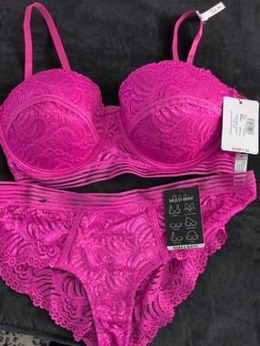 Multi-Way Lace Balconette Bra & Brief Set in Fuchsia